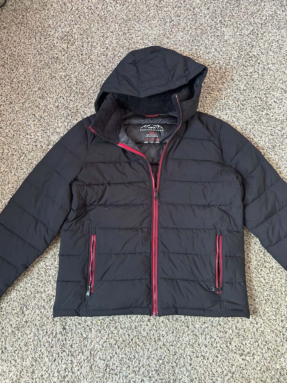 HFX Performance Water Resistant Hooded Puffer Jacket with Red Accents